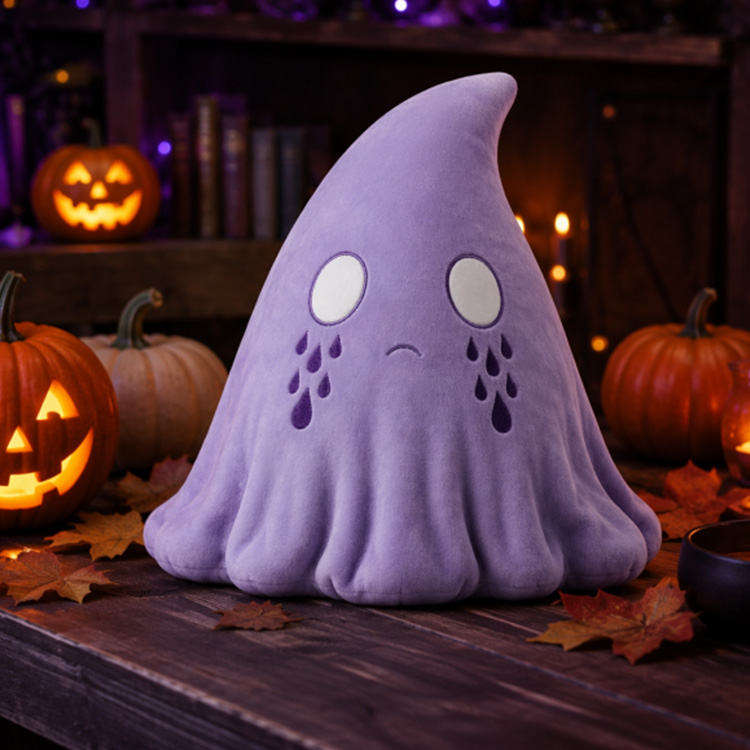 Peluche fantasma viola triste e spettrale